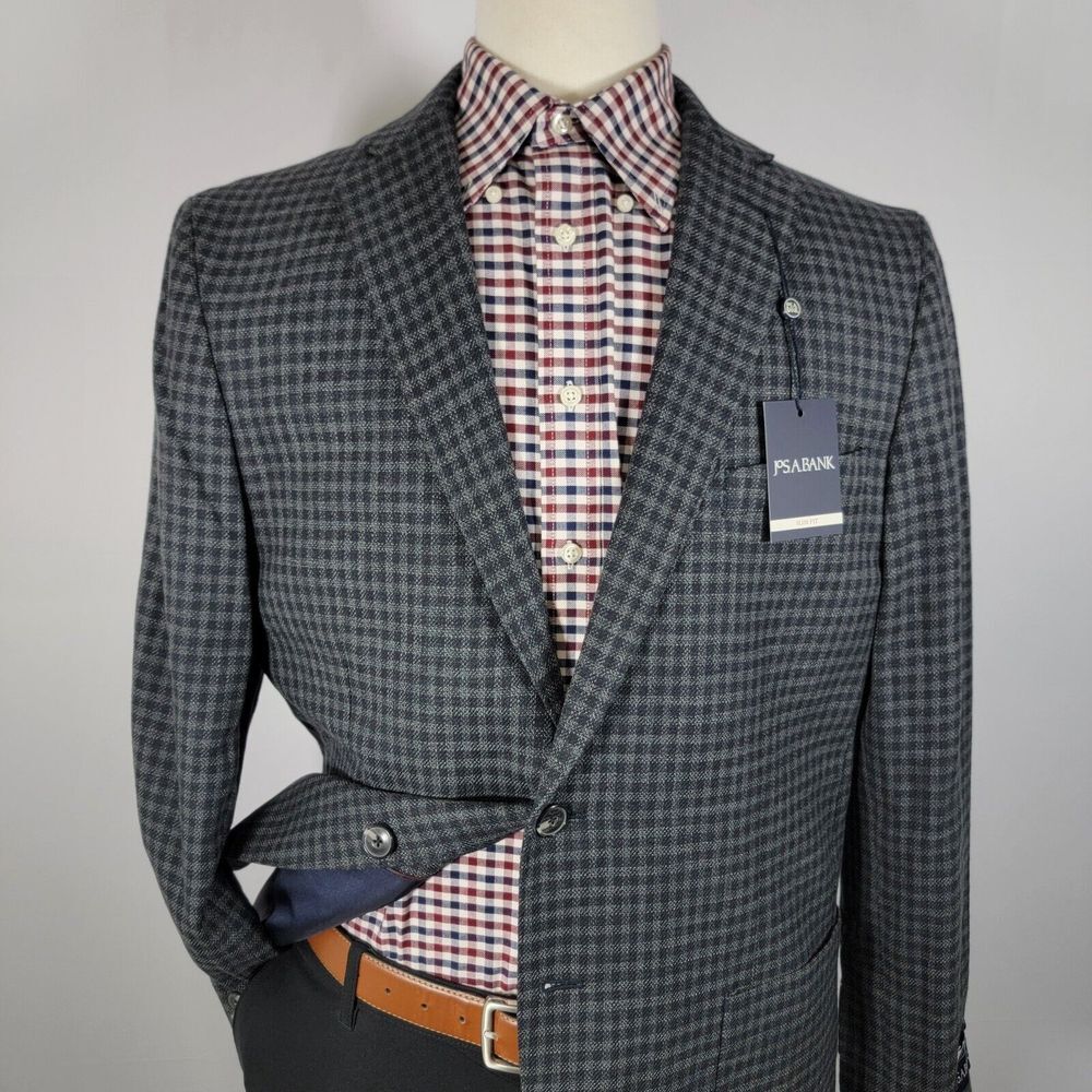 JOS A BANK Men's Sport Coat Two Button Gray Black Check Wool Blend Slim Fit 46R
